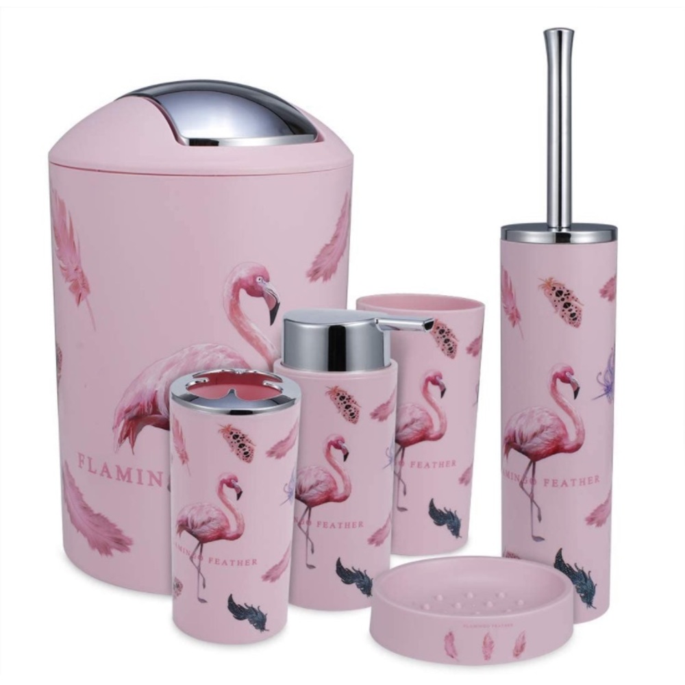 6pcs Bathroom Accessories Set- Pink Flamingos